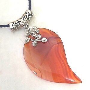 16" Necklace Ted Agate Pendant Silver Rose Bail Black Silk Cord